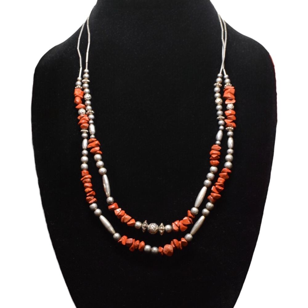 Vintage Southwestern Orange Stone Chip Silver Tone Necklace 24 in Double Strand